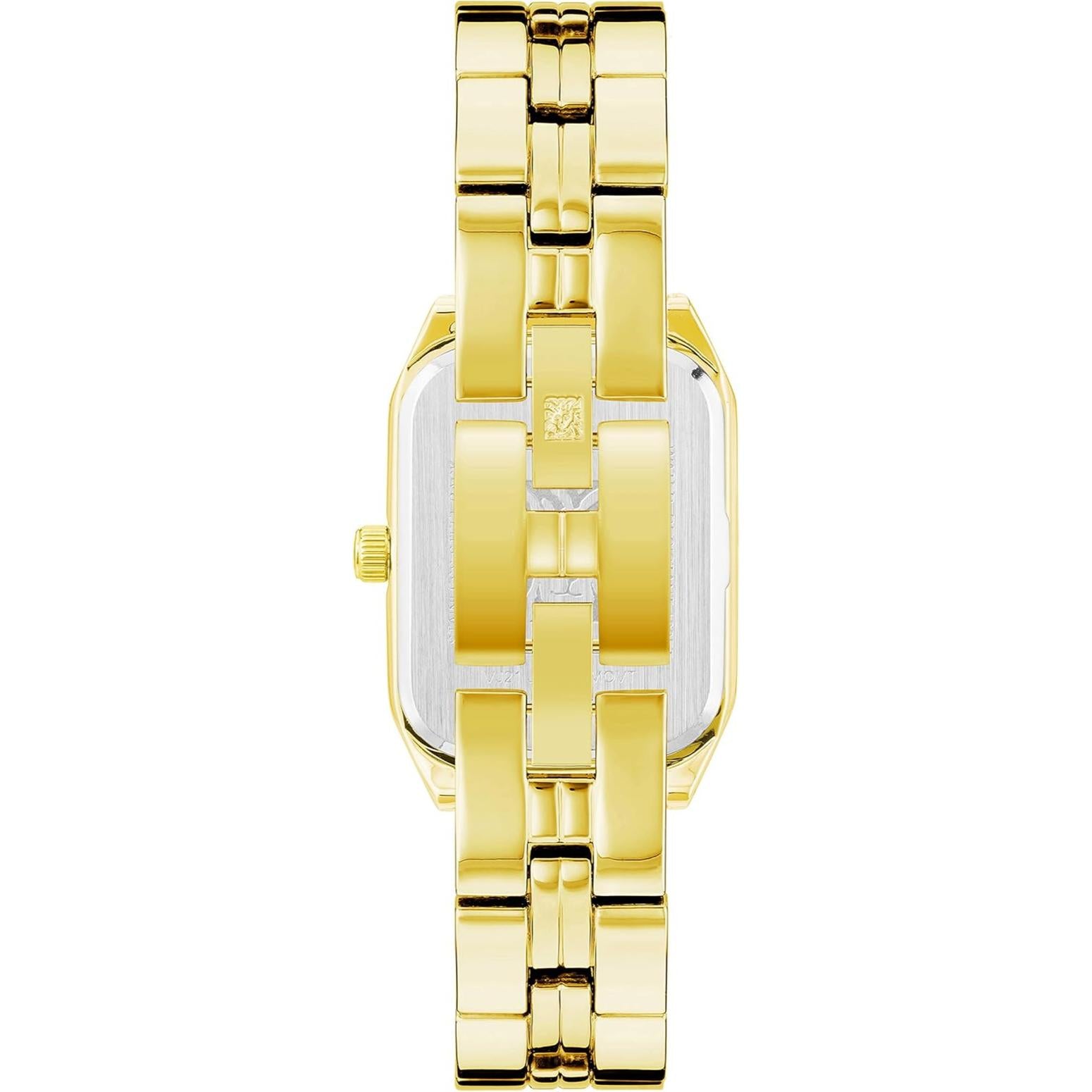 Vista trasera del brazalete dorado del reloj Anne Klein AK/3774CHGB, caja rectangular y corona lateral.