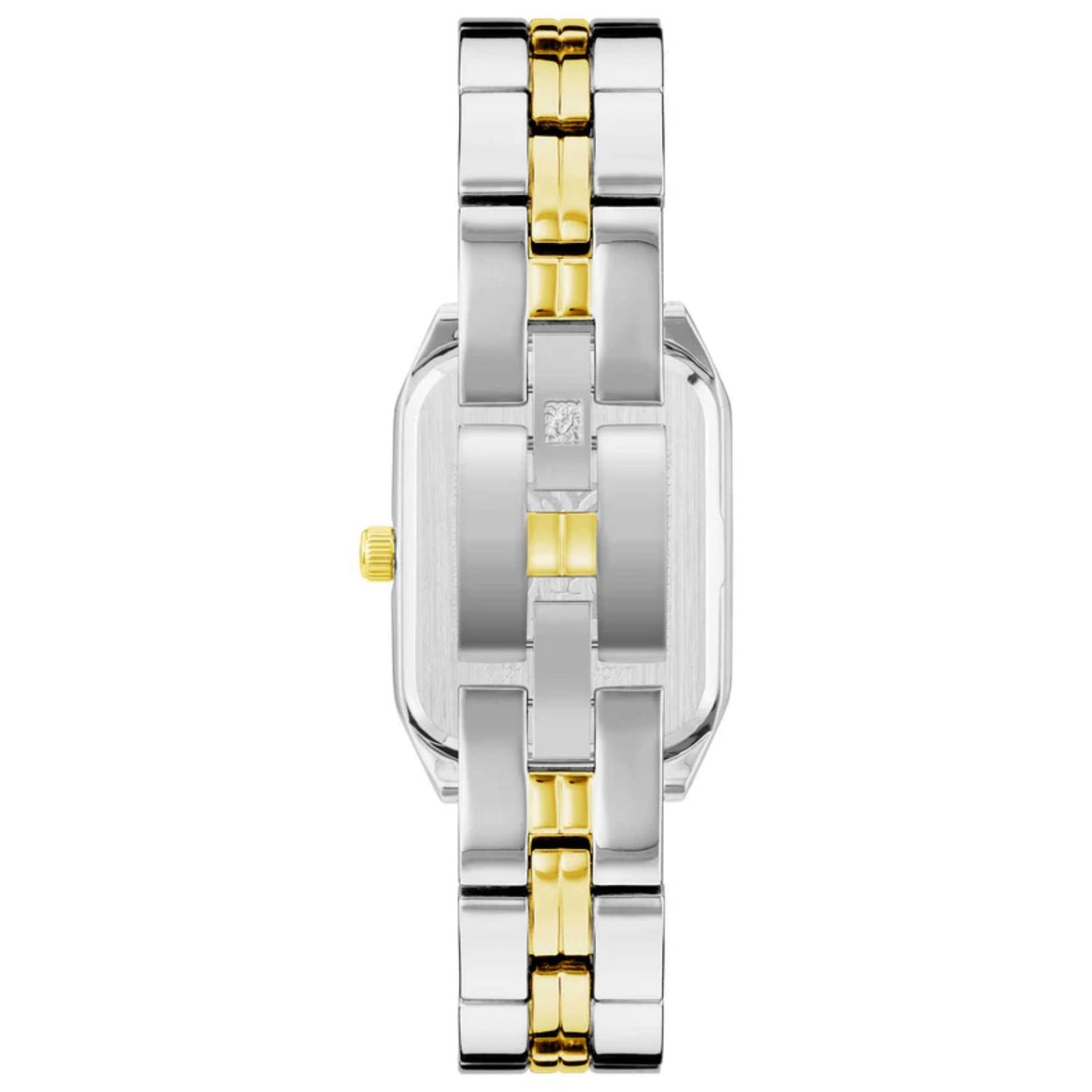 Anne Klein AK/3775SVTT women’s dress watch with rectangular stainless steel caseback and two-tone bracelet with jewelry clasp detail.