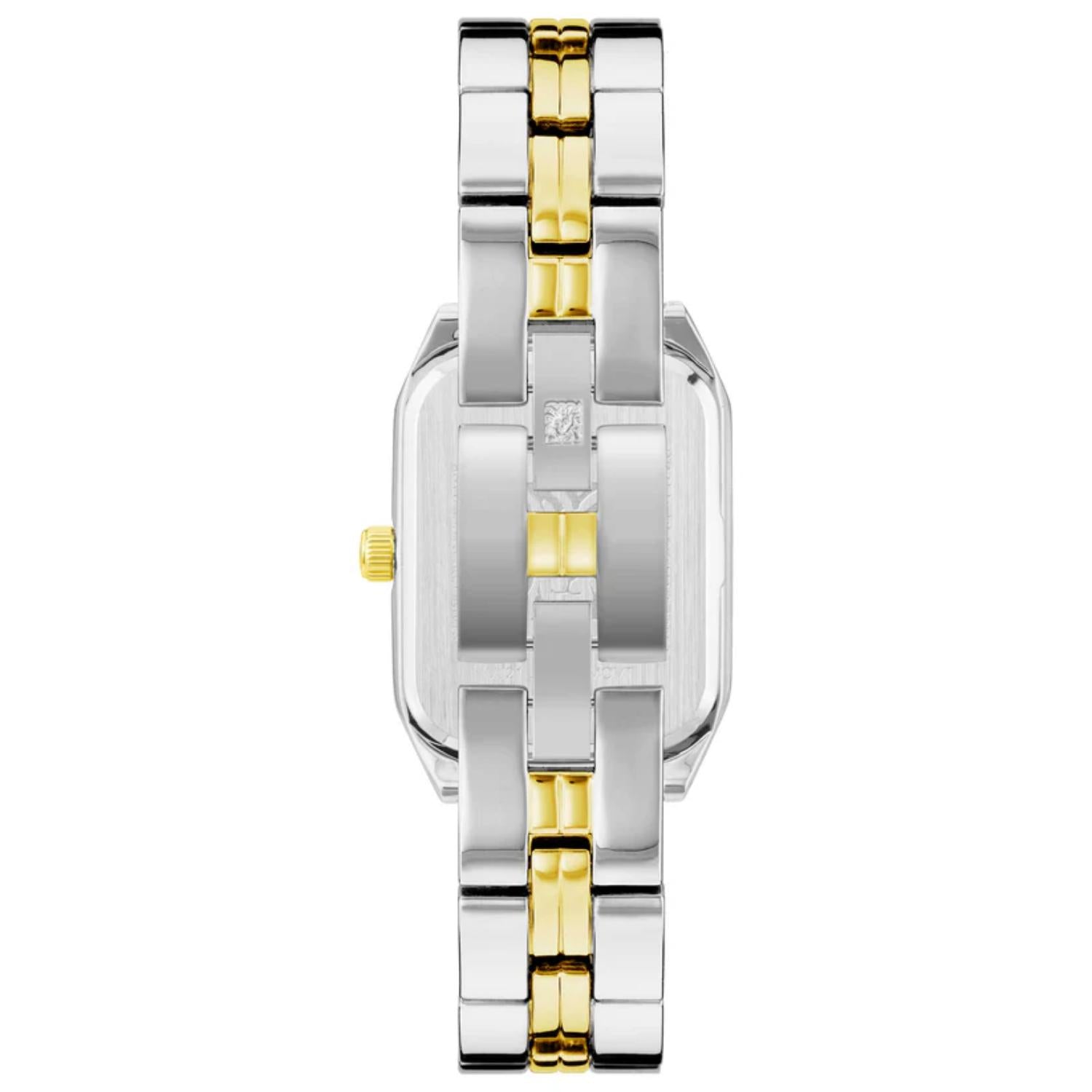 Anne Klein AK/3775SVTT women’s dress watch with rectangular stainless steel caseback and two-tone bracelet with jewelry clasp detail.