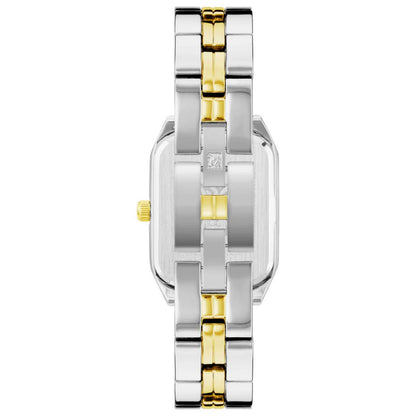 Anne Klein AK/3775SVTT women’s dress watch with rectangular stainless steel caseback and two-tone bracelet with jewelry clasp detail.