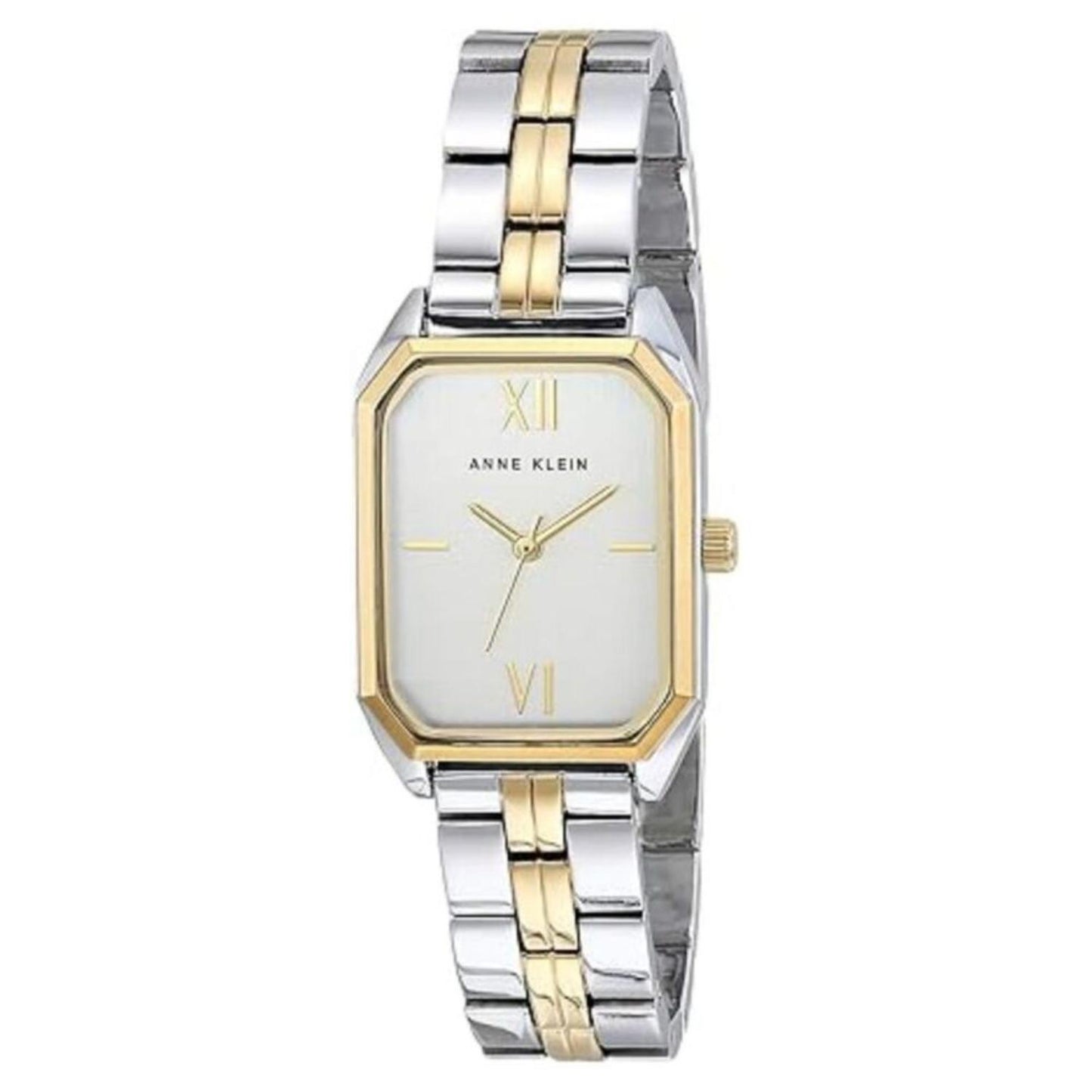 Anne Klein AK/3775SVTT women’s dress watch with silver rectangular dial, gold-tone bezel accents and two-tone stainless steel bracelet.