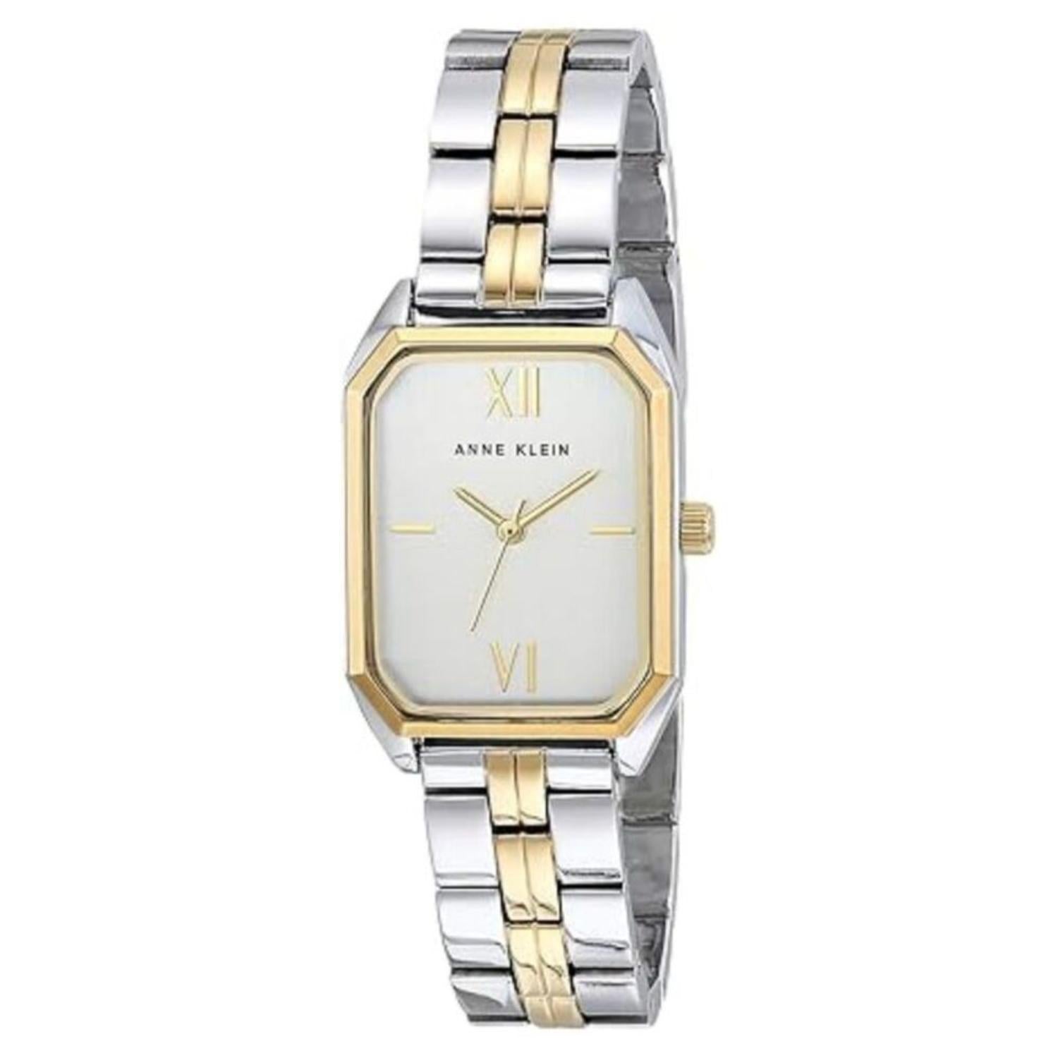 Anne Klein AK/3775SVTT women’s dress watch with silver rectangular dial, gold-tone bezel accents and two-tone stainless steel bracelet.