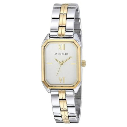 Anne Klein AK/3775SVTT women’s dress watch with silver rectangular dial, gold-tone bezel accents and two-tone stainless steel bracelet.