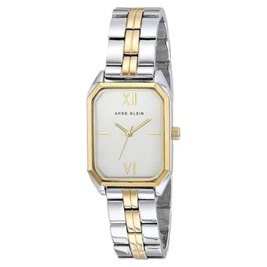 Anne Klein AK/3775SVTT women’s dress watch with silver rectangular dial, gold-tone bezel accents and two-tone stainless steel bracelet.