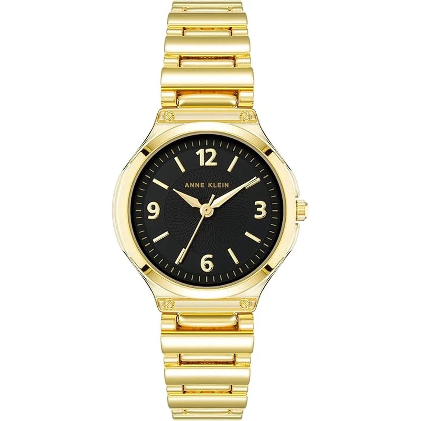 Anne Klein AK/3812BKGB with black textured dial, gold-tone hands and numeral markers, and polished gold-tone bracelet with decorative accents.