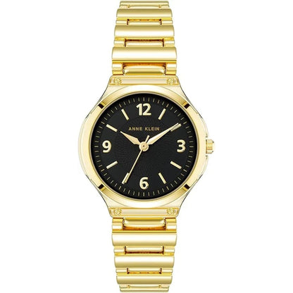 Anne Klein AK/3812BKGB with black textured dial, gold-tone hands and numeral markers, and polished gold-tone bracelet with decorative accents.