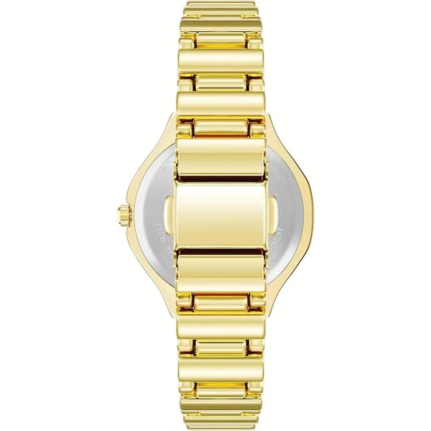 Anne Klein AK/3812BKGB with stainless steel rear case and polished gold-tone bracelet with wide center links and jewelry-style construction.