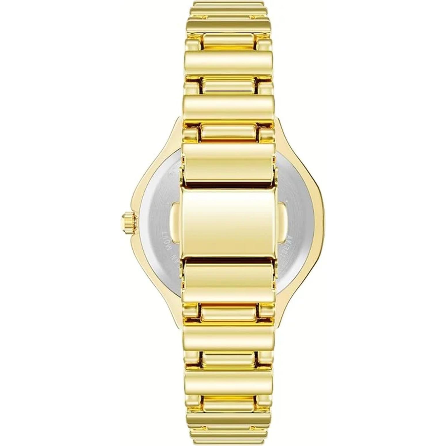 Anne Klein AK/3812BKGB with stainless steel rear case and polished gold-tone bracelet with wide center links and jewelry-style construction.