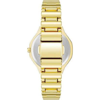 Anne Klein AK/3812BKGB with stainless steel rear case and polished gold-tone bracelet with wide center links and jewelry-style construction.