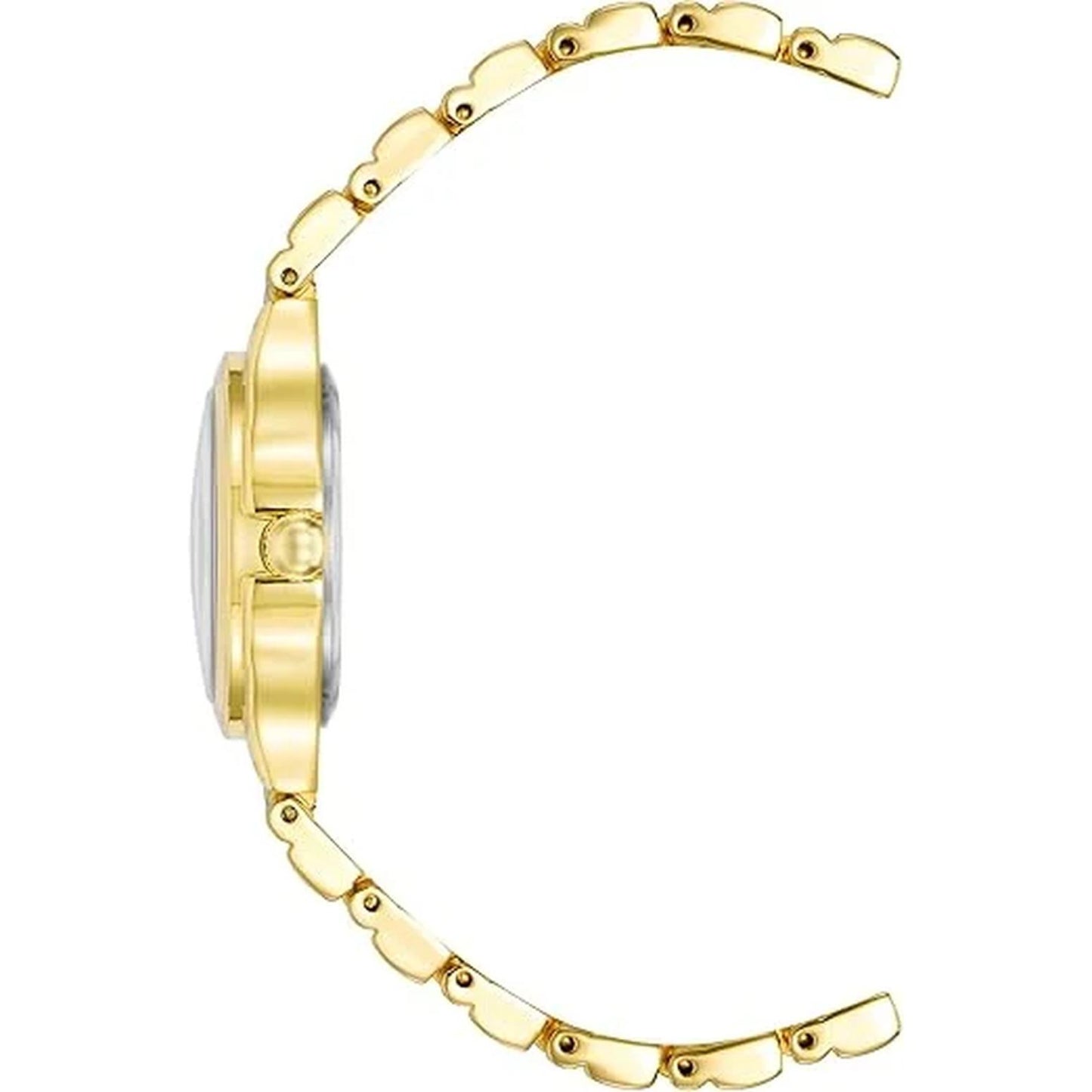 Anne Klein AK/3812BKGB with slim gold-tone case profile, polished crown, and gold-tone bracelet with rounded link design.