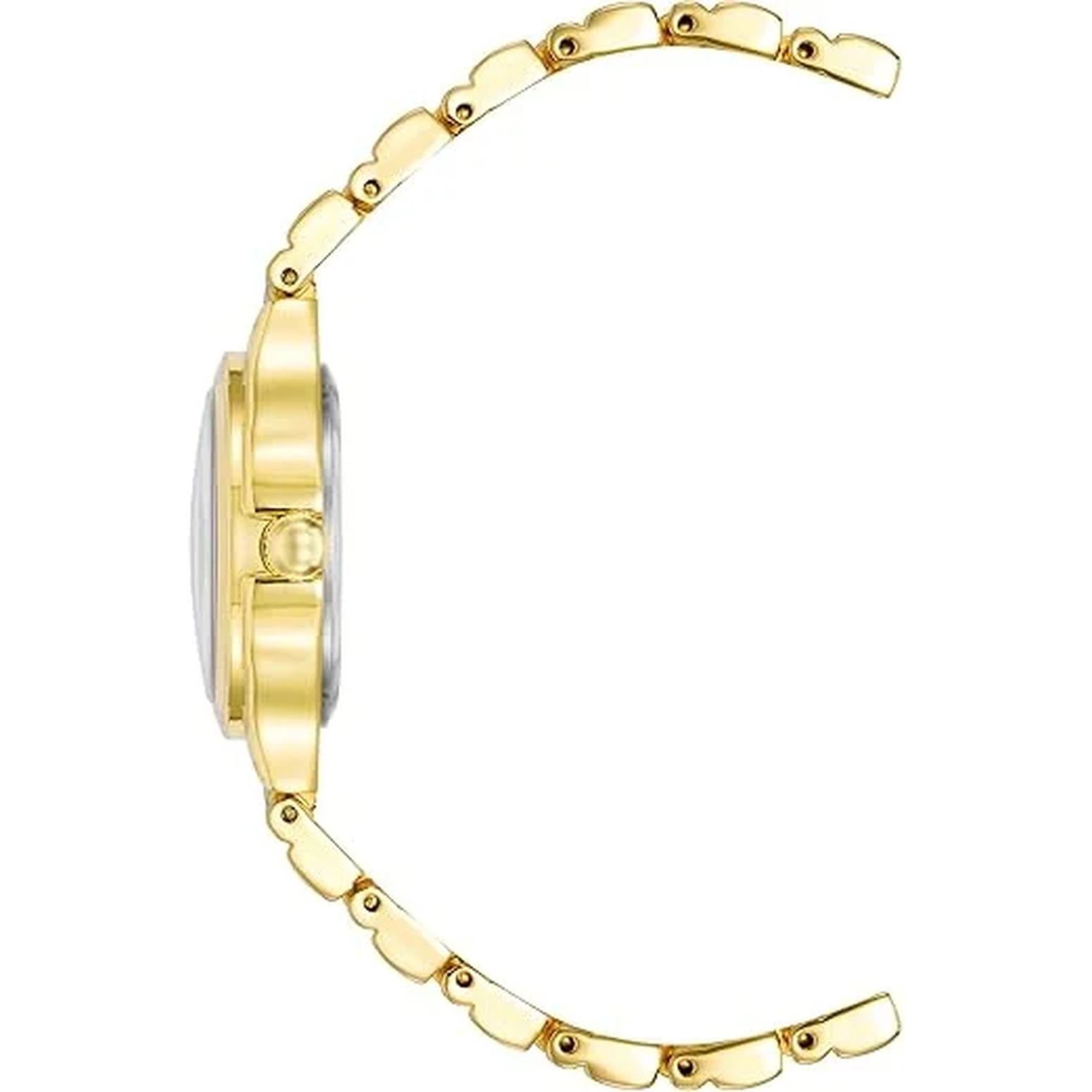 Anne Klein AK/3812BKGB with slim gold-tone case profile, polished crown, and gold-tone bracelet with rounded link design.