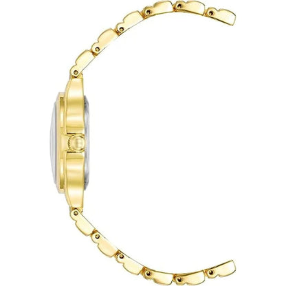 Anne Klein AK/3812BKGB with slim gold-tone case profile, polished crown, and gold-tone bracelet with rounded link design.