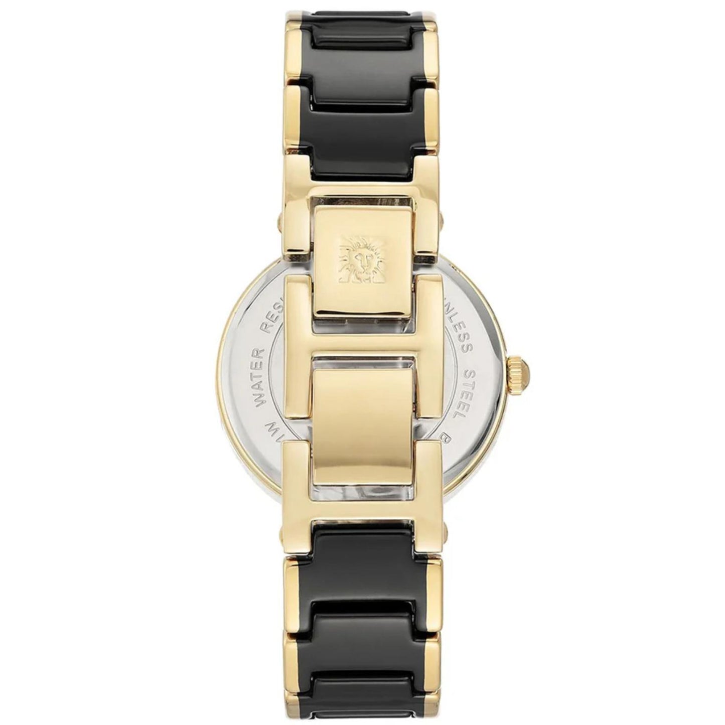 Anne Klein AK/3844BKGB women’s dress watch with stainless steel caseback, black bracelet links and gold-tone jewelry clasp detail.