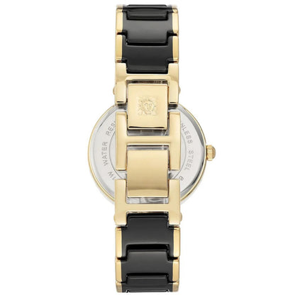 Anne Klein AK/3844BKGB women’s dress watch with stainless steel caseback, black bracelet links and gold-tone jewelry clasp detail.