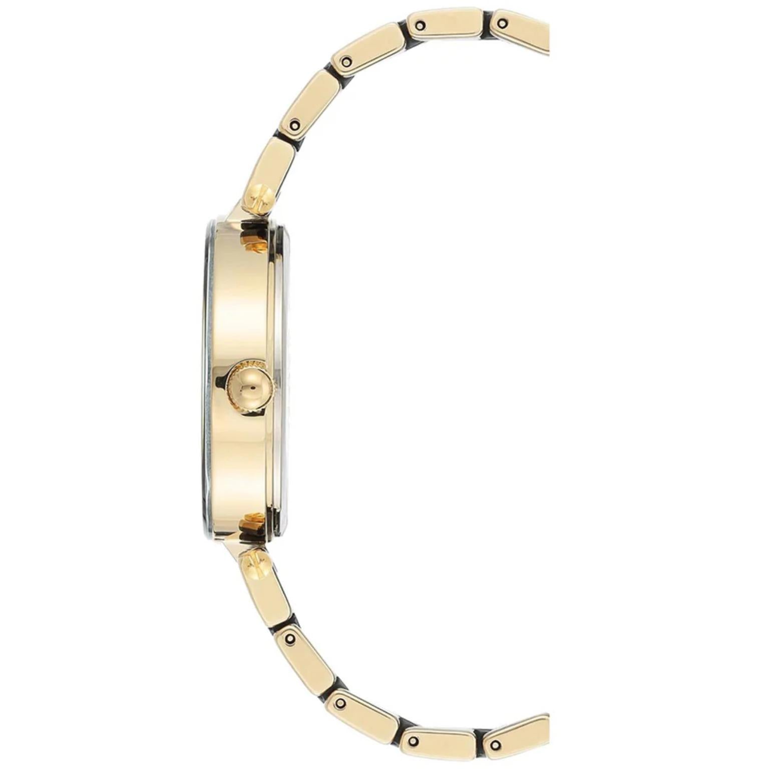 Anne Klein AK/3844BKGB women’s dress watch with slim gold-tone case and black bracelet with gold-tone accents shown in side profile.