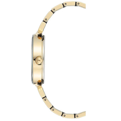 Anne Klein AK/3844BKGB women’s dress watch with slim gold-tone case and black bracelet with gold-tone accents shown in side profile.