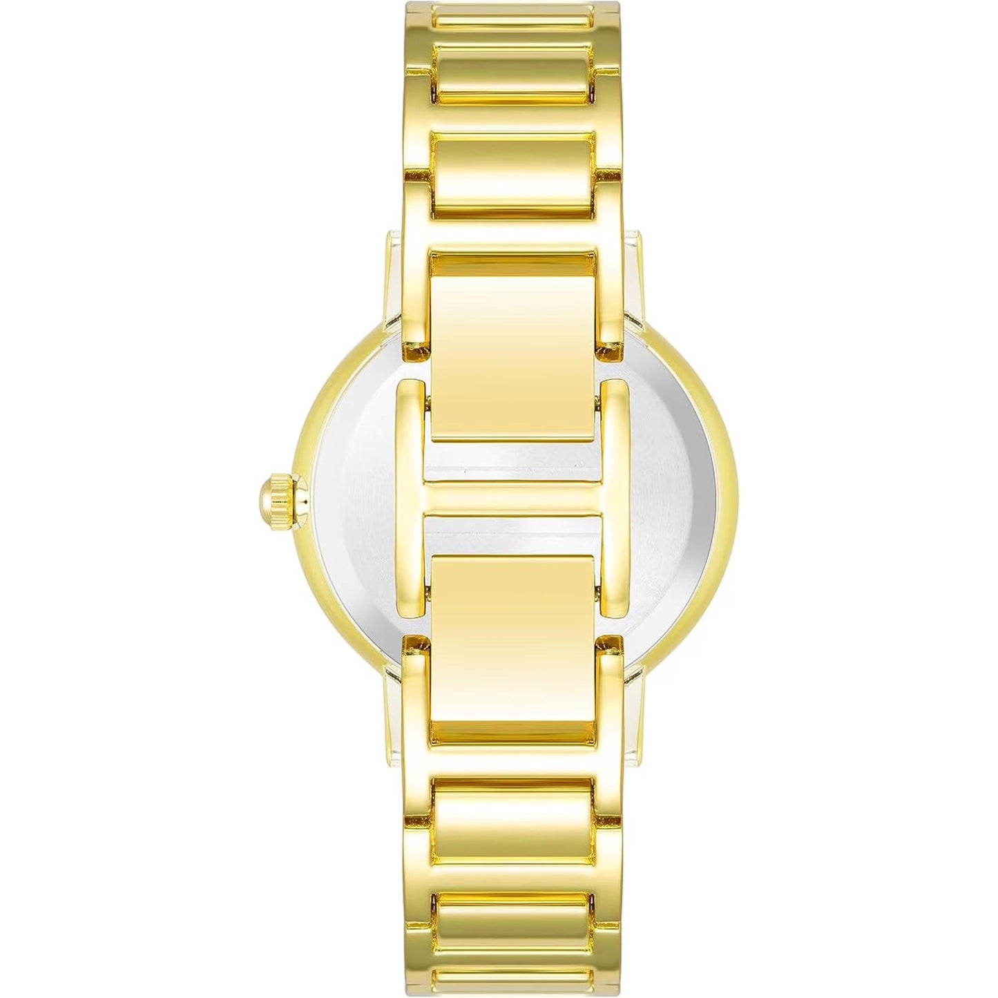 Back view of the Anne Klein AK3966CHGB women's gold-tone dress watch highlighting the polished stainless steel caseback and elegant gold-tone stainless steel bracelet construction.