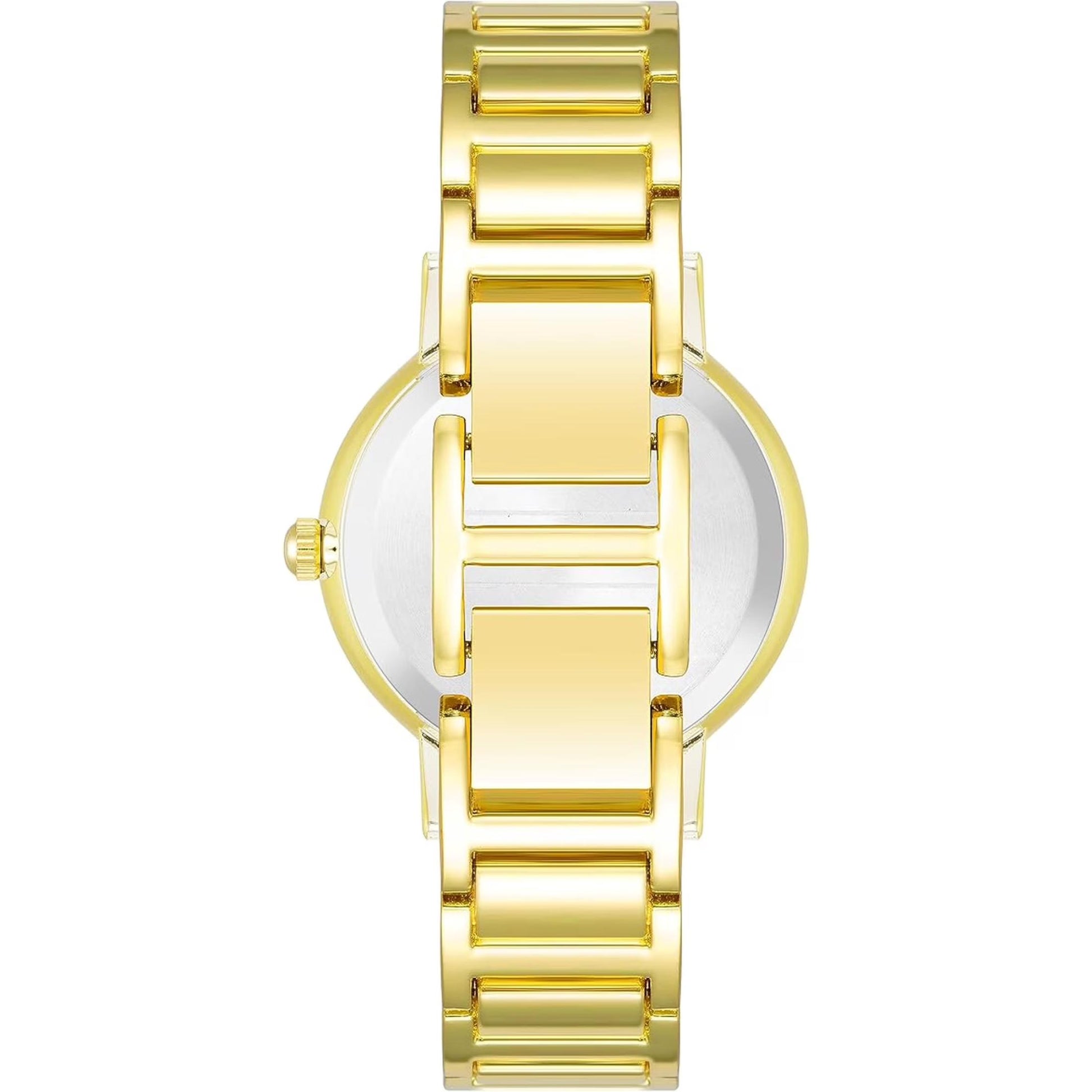 Back view of the Anne Klein AK3966CHGB women's gold-tone dress watch highlighting the polished stainless steel caseback and elegant gold-tone stainless steel bracelet construction.