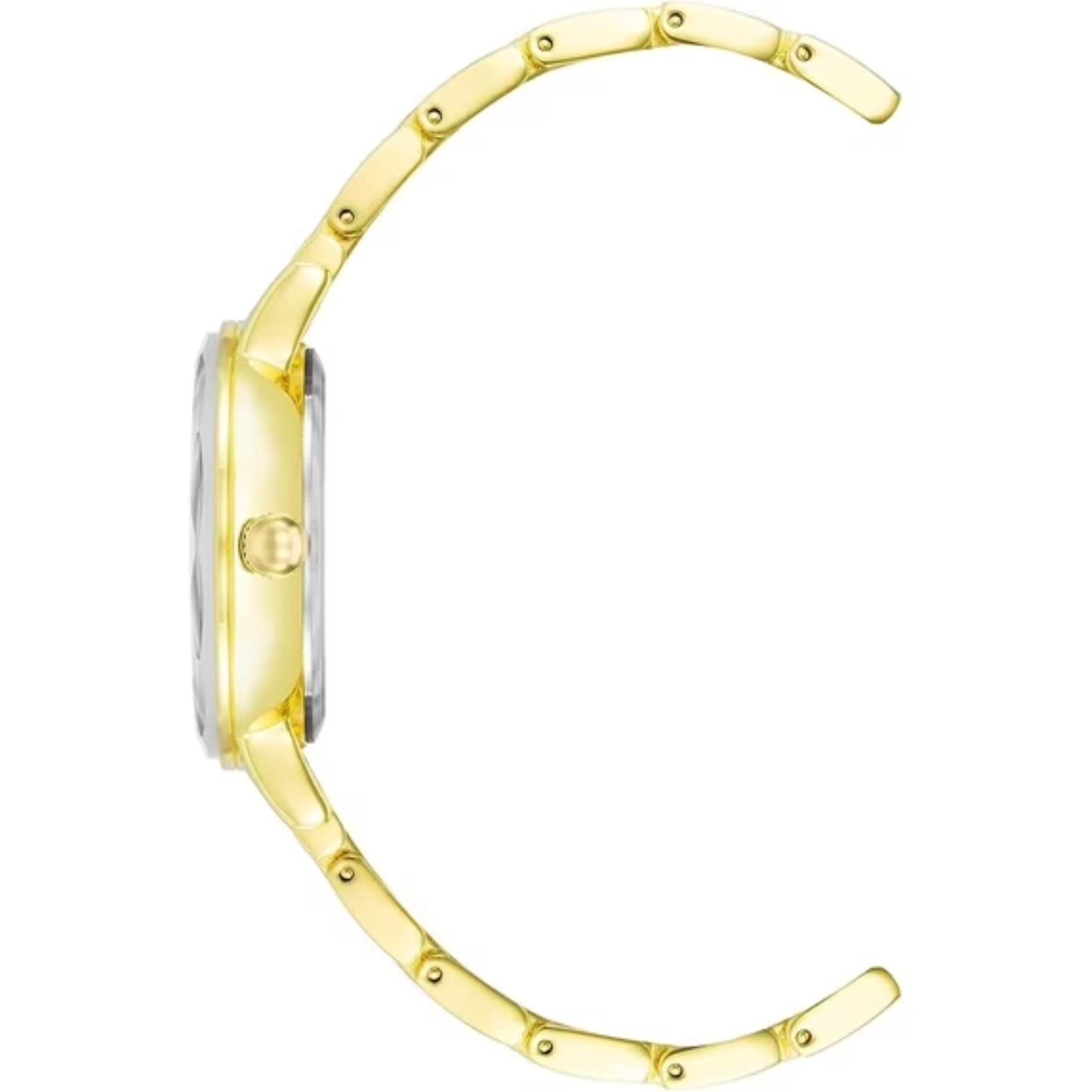 Side profile of the Anne Klein AK3966CHGB women's gold-tone dress watch showing the slim case, polished crown, crystal profile, and elegant gold-tone stainless steel bracelet.
