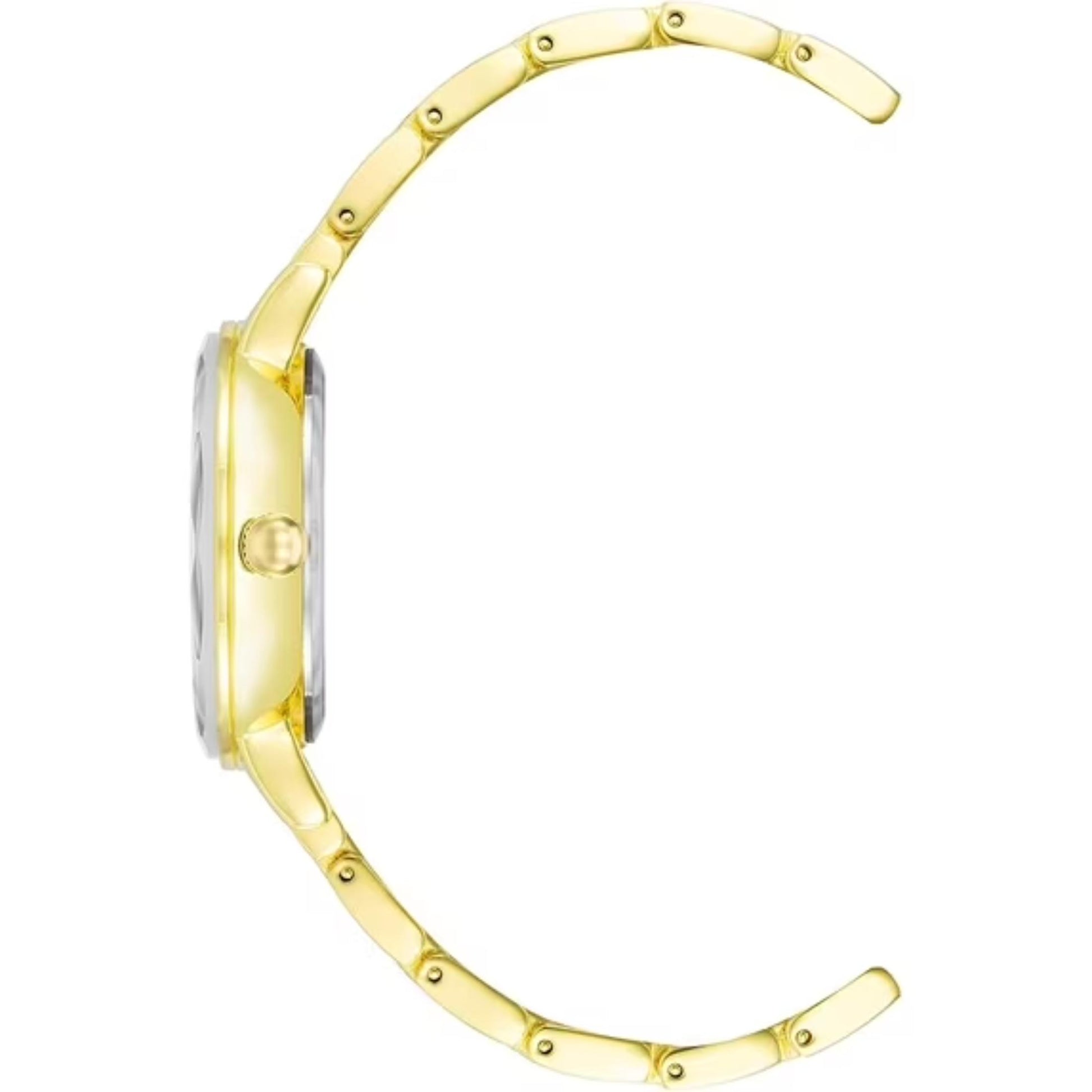 Side profile of the Anne Klein AK3966CHGB women's gold-tone dress watch showing the slim case, polished crown, crystal profile, and elegant gold-tone stainless steel bracelet.