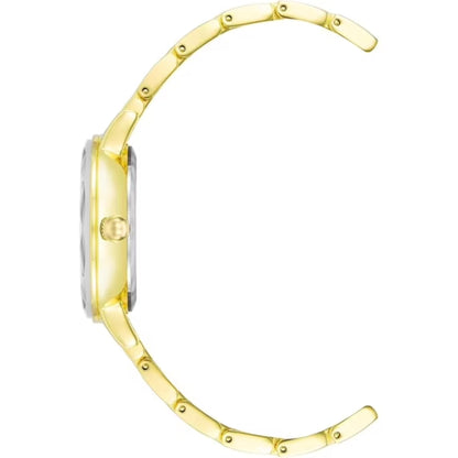 Side profile of the Anne Klein AK3966CHGB women's gold-tone dress watch showing the slim case, polished crown, crystal profile, and elegant gold-tone stainless steel bracelet.