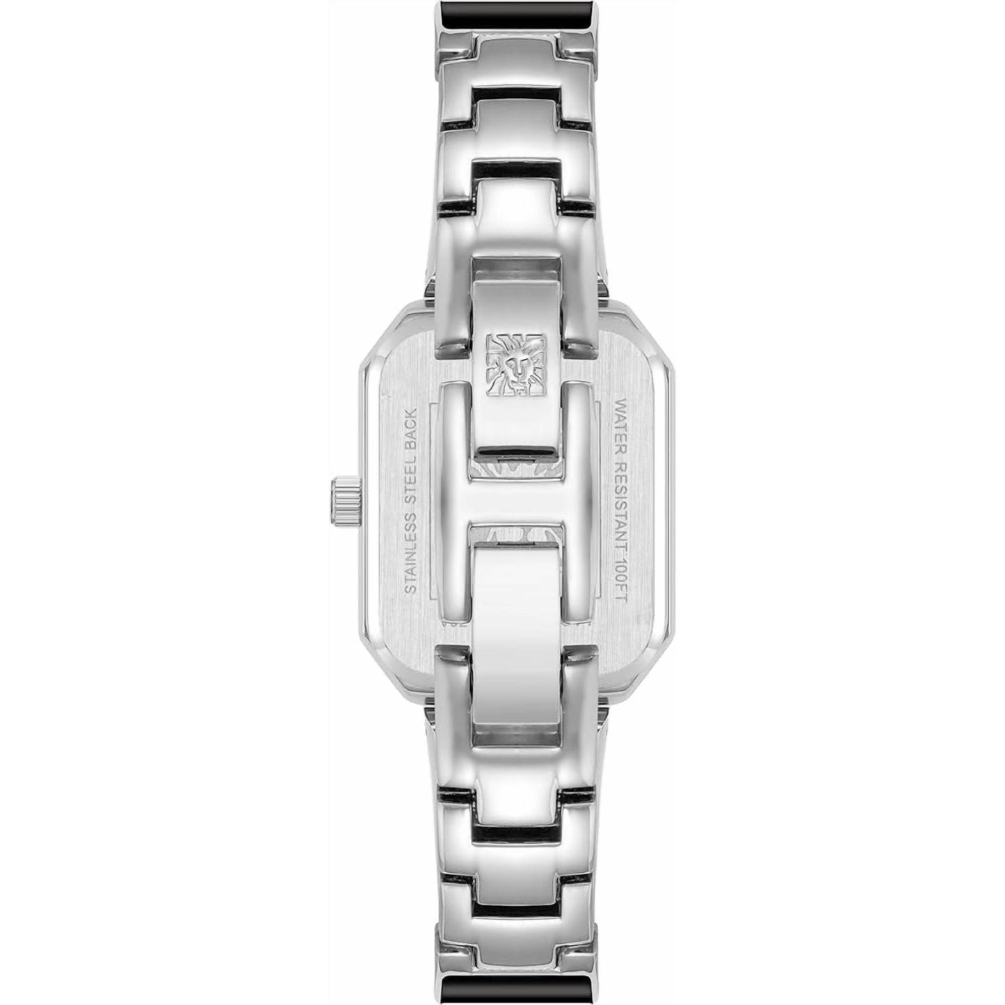Anne Klein AK/4163BKSV with stainless steel rear case, engraved caseback details, and polished silver-tone bangle bracelet with jewelry clasp.