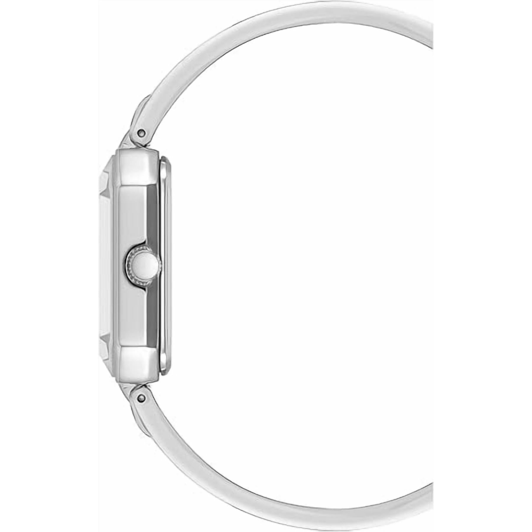 Anne Klein AK/4163BKSV with slim rectangular silver-tone case profile, polished crown, and curved bangle bracelet design.