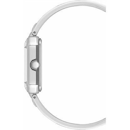 Anne Klein AK/4163BKSV with slim rectangular silver-tone case profile, polished crown, and curved bangle bracelet design.