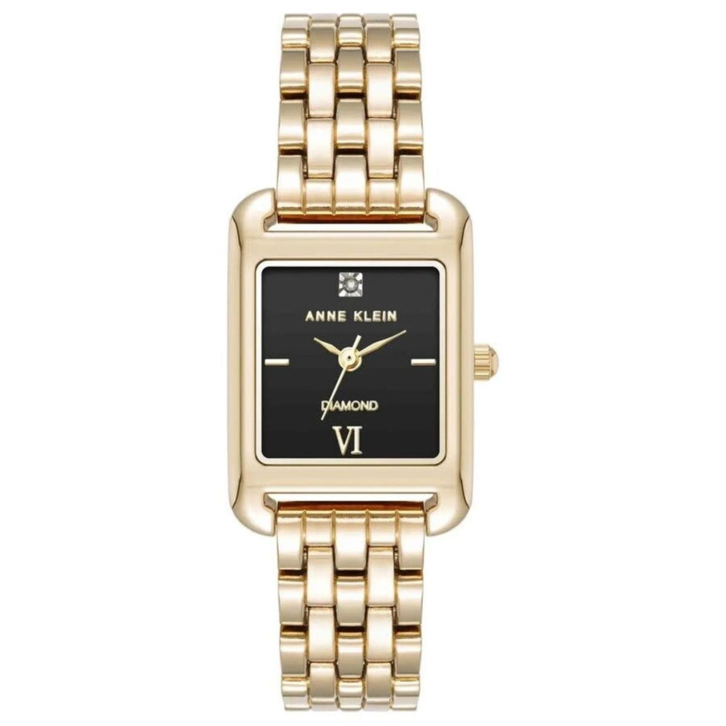 Anne Klein AK/5060BKGB women’s dress watch with black rectangular dial, diamond accent marker and gold-tone multi-link bracelet.