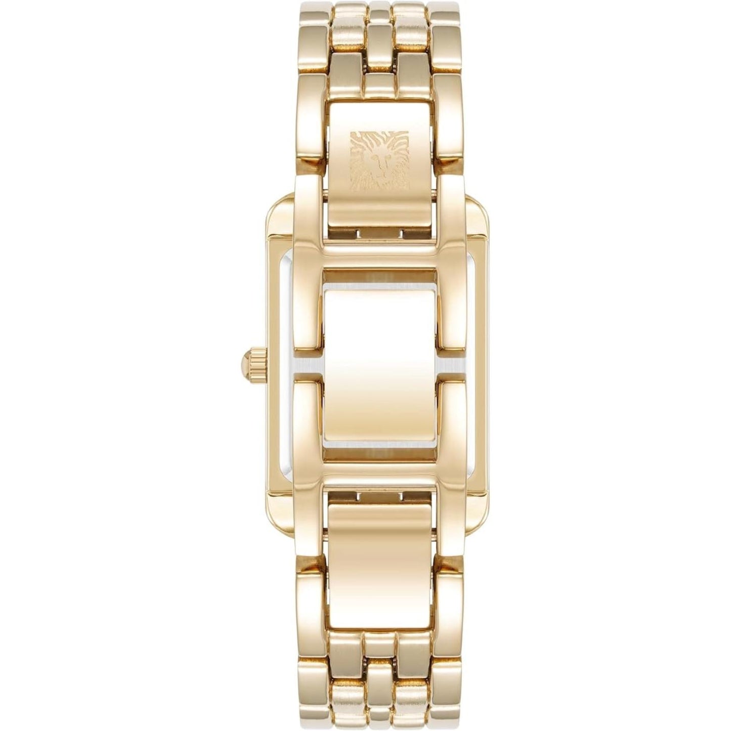 Anne Klein AK/5060BKGB women’s dress watch with gold-tone bracelet, jewelry clasp and rectangular stainless steel caseback detail.