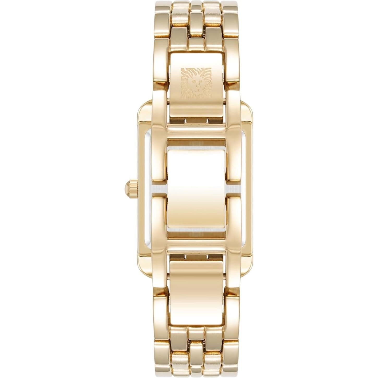Anne Klein AK/5060BKGB women’s dress watch with gold-tone bracelet, jewelry clasp and rectangular stainless steel caseback detail.
