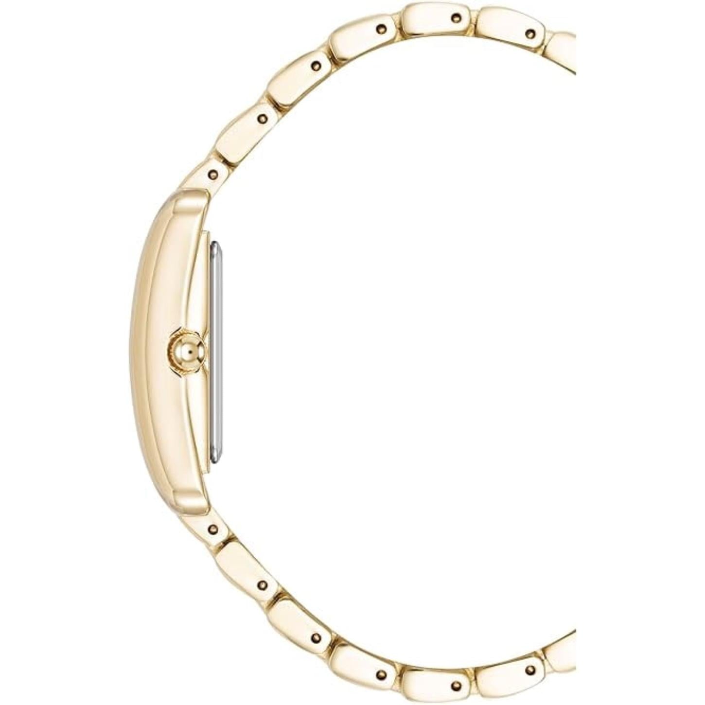 Anne Klein AK/5060BKGB women’s dress watch with slim gold-tone rectangular case and multi-link bracelet shown in side profile.