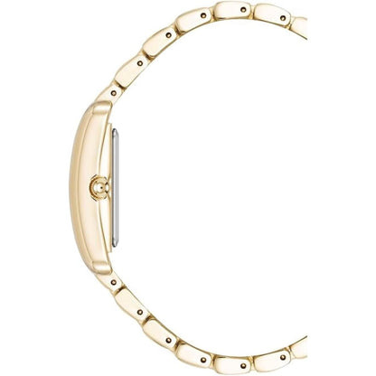 Anne Klein AK/5060BKGB women’s dress watch with slim gold-tone rectangular case and multi-link bracelet shown in side profile.