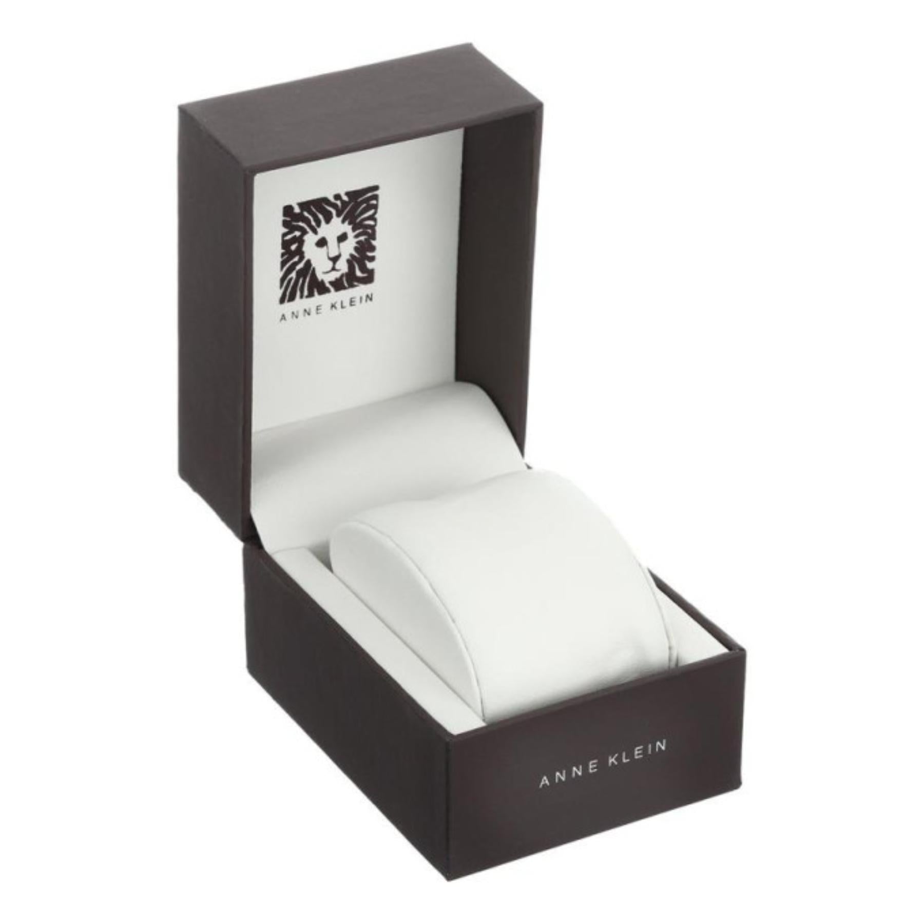 Anne Klein black presentation watch box with padded white interior cushion and branded logo inside the lid.