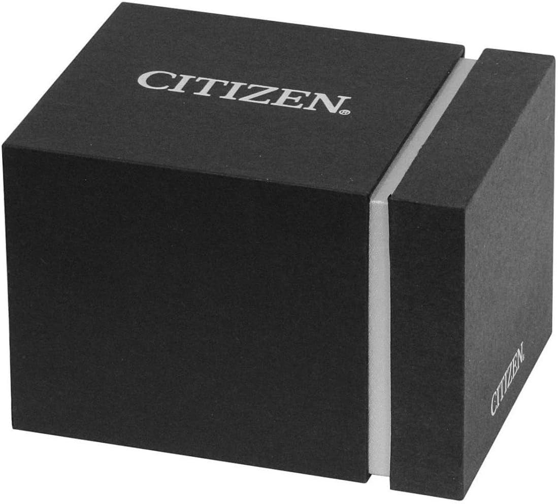 Caja de presentación original Citizen en color negro mostrada cerrada sobre fondo neutro.