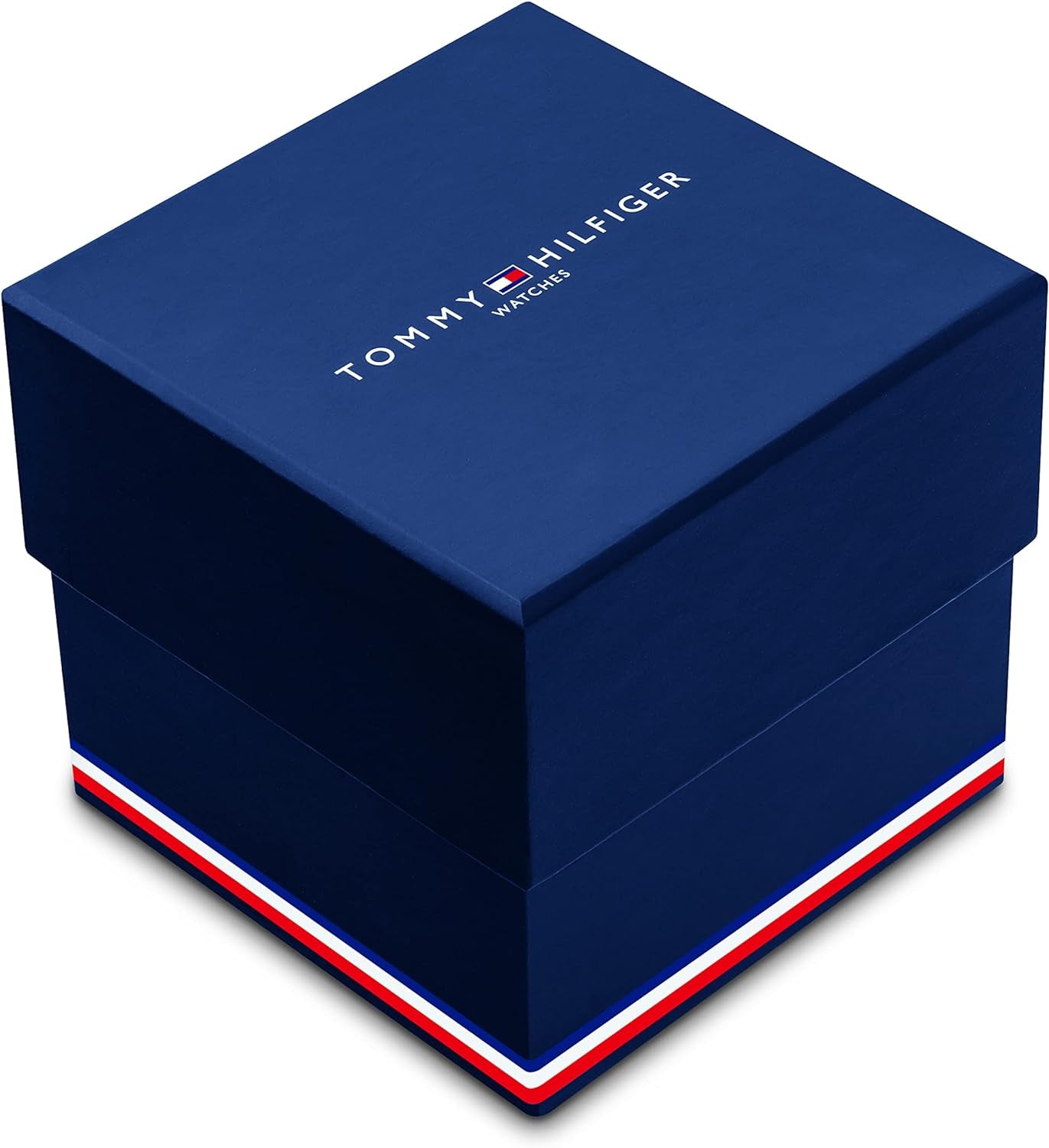 Caja original de reloj Tommy Hilfiger en color azul marino con logotipo de la marca, utilizada para presentación y entrega del producto.