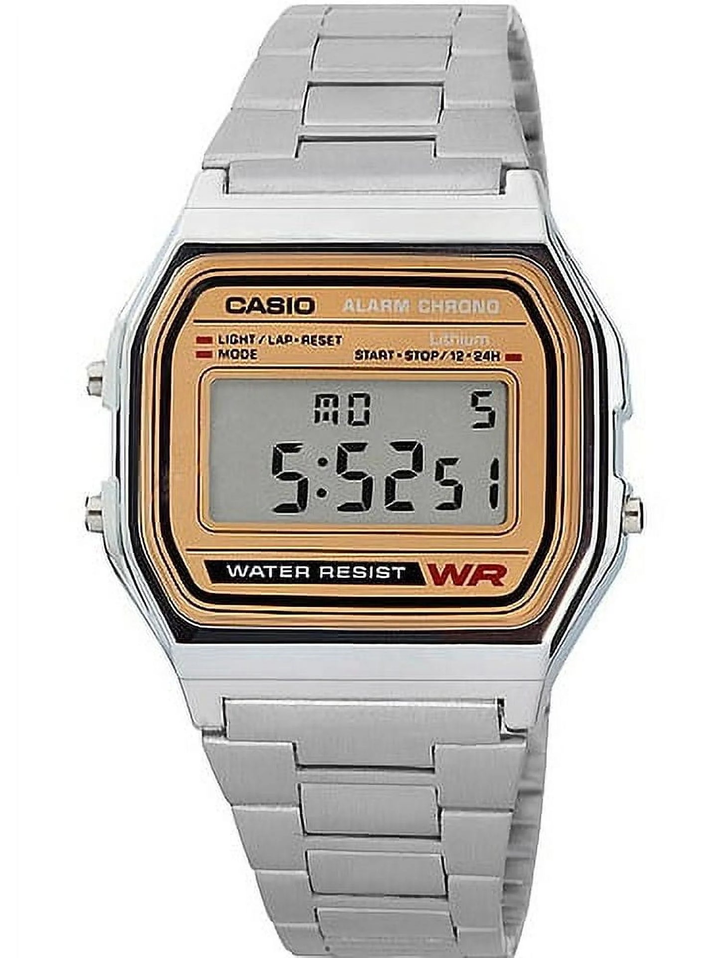 Reloj Casio A158WEA-9 digital clásico, estilo retro vintage, esfera dorada y correa metálica plateada.