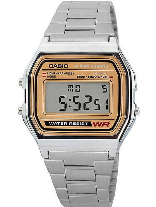 Reloj Casio A158WEA-9 digital clásico, estilo retro vintage, esfera dorada y correa metálica plateada.