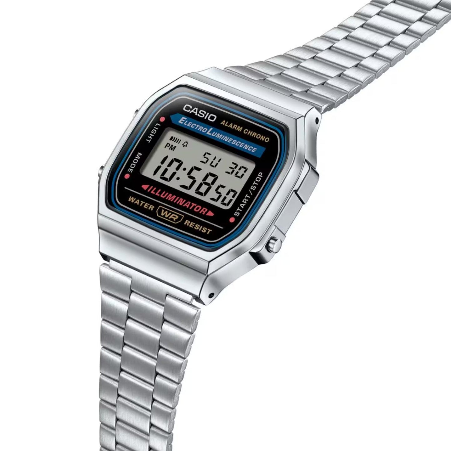 Casio A168WA-1 vintage digital watch with rectangular chrome-tone case, illuminated digital display, and stainless steel bracelet shown at an angled profile view.