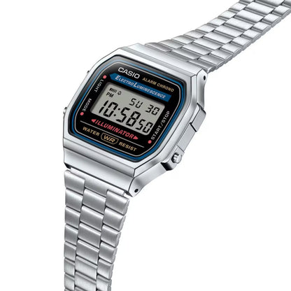 Casio A168WA-1 vintage digital watch with rectangular chrome-tone case, illuminated digital display, and stainless steel bracelet shown at an angled profile view.
