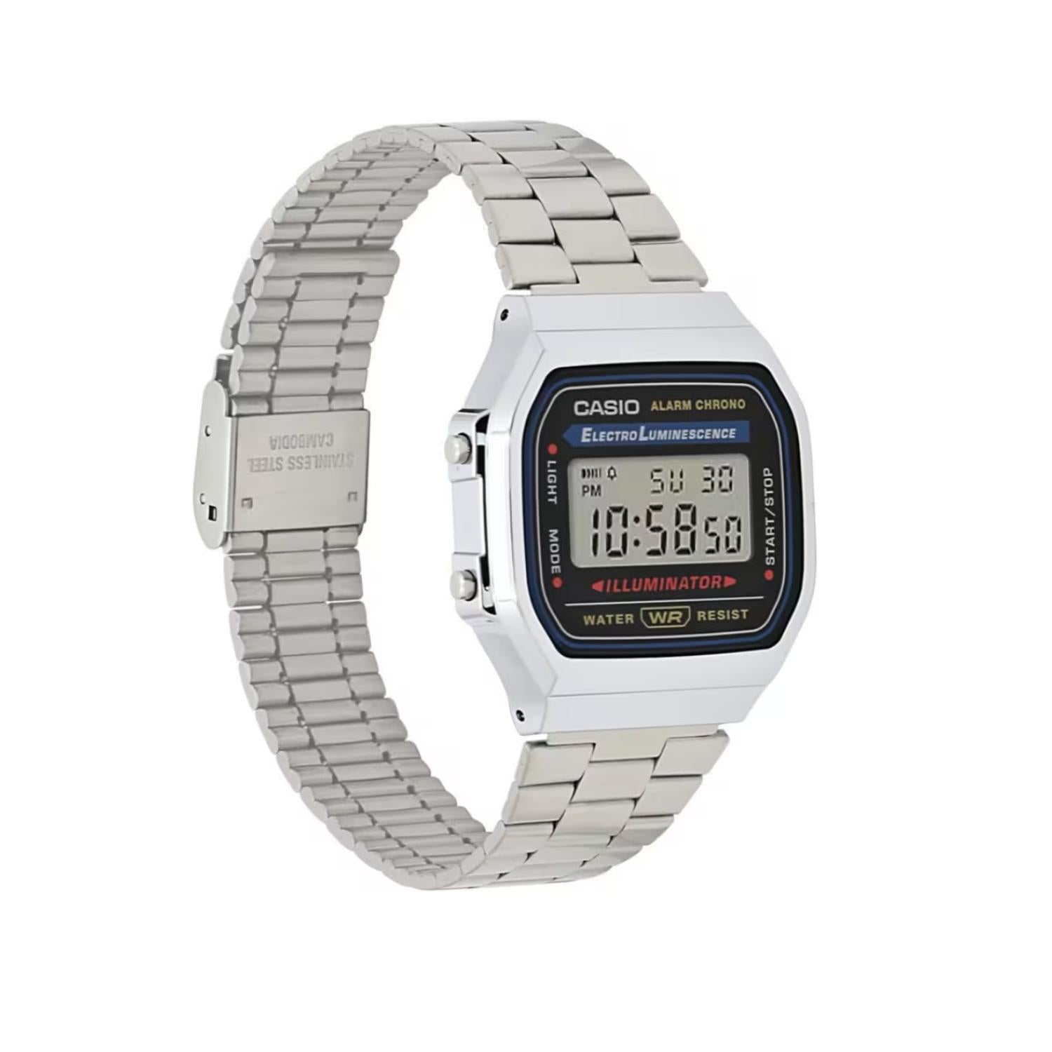 Casio A168WA-1 vintage digital watch with rectangular chrome-tone case, retro LCD display, and stainless steel bracelet shown in a side angle view.