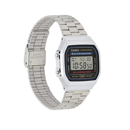 Casio A168WA-1 vintage digital watch with rectangular chrome-tone case, retro LCD display, and stainless steel bracelet shown in a side angle view.