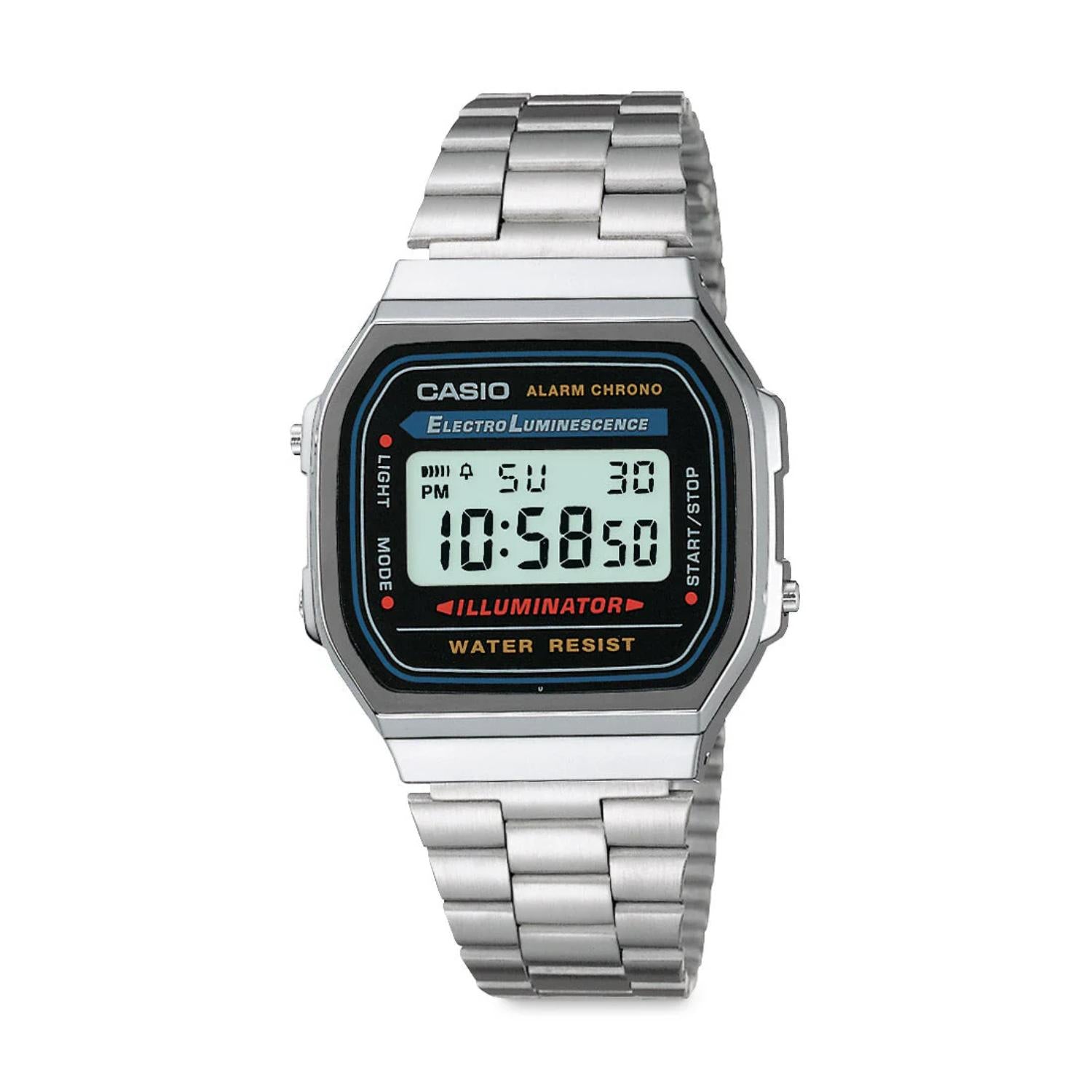Casio A168WA-1 vintage digital watch with rectangular chrome-tone case, electro-luminescent display, and stainless steel bracelet with retro design.