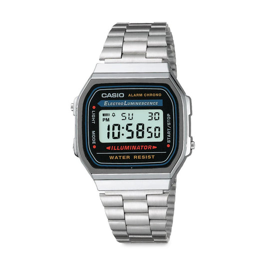 Casio A168WA-1 vintage digital watch with rectangular chrome-tone case, electro-luminescent display, and stainless steel bracelet with retro design.