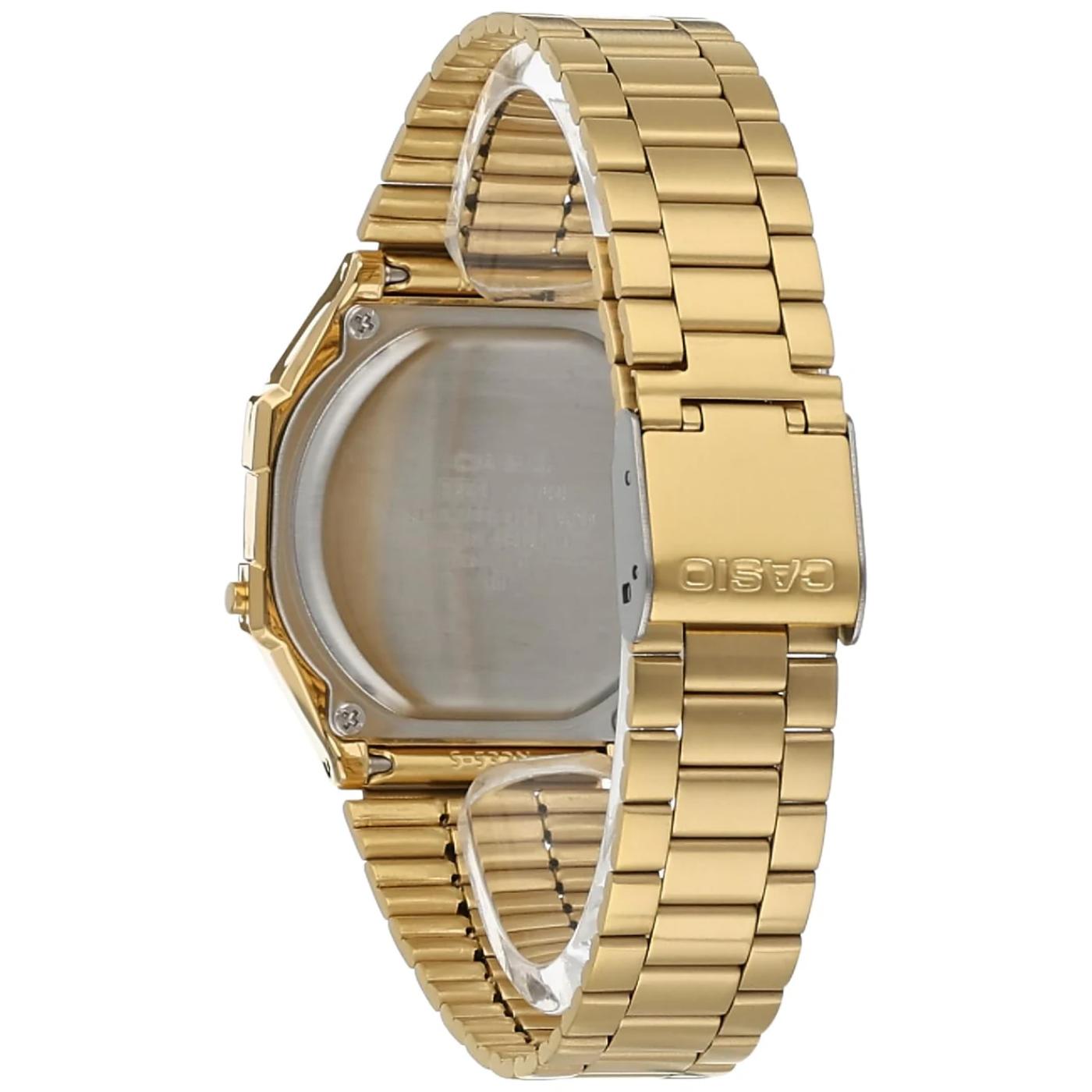 Casio A168WG-9UR digital watch caseback with gold tone stainless steel bracelet and fold over clasp with engraved logo and retro design
