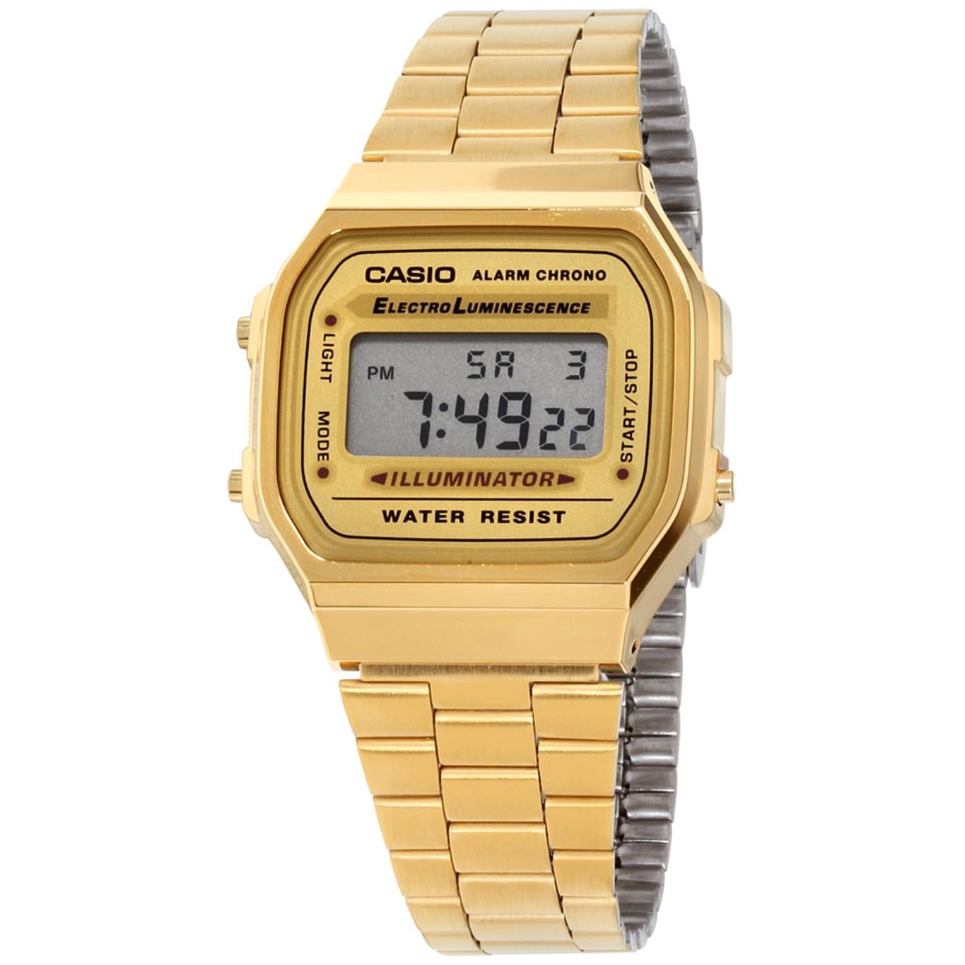 Casio A168WG-9UR vintage digital watch with gold tone case, square display and gold tone stainless steel bracelet with classic retro design
