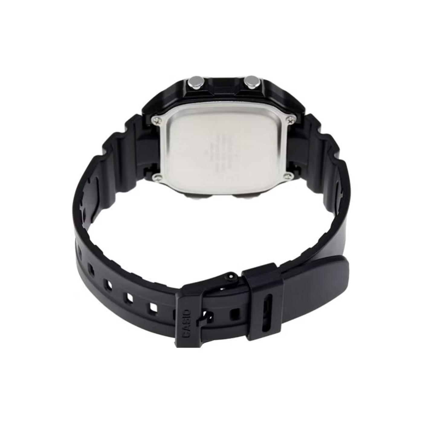 Casio AE-1200WH-1A digital watch caseback with stainless steel back plate and black resin strap with buckle closure and rugged design