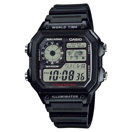 Casio AE-1200WH-1A digital world time watch with black resin case, multi display screen, map feature and black resin strap with 10 year battery