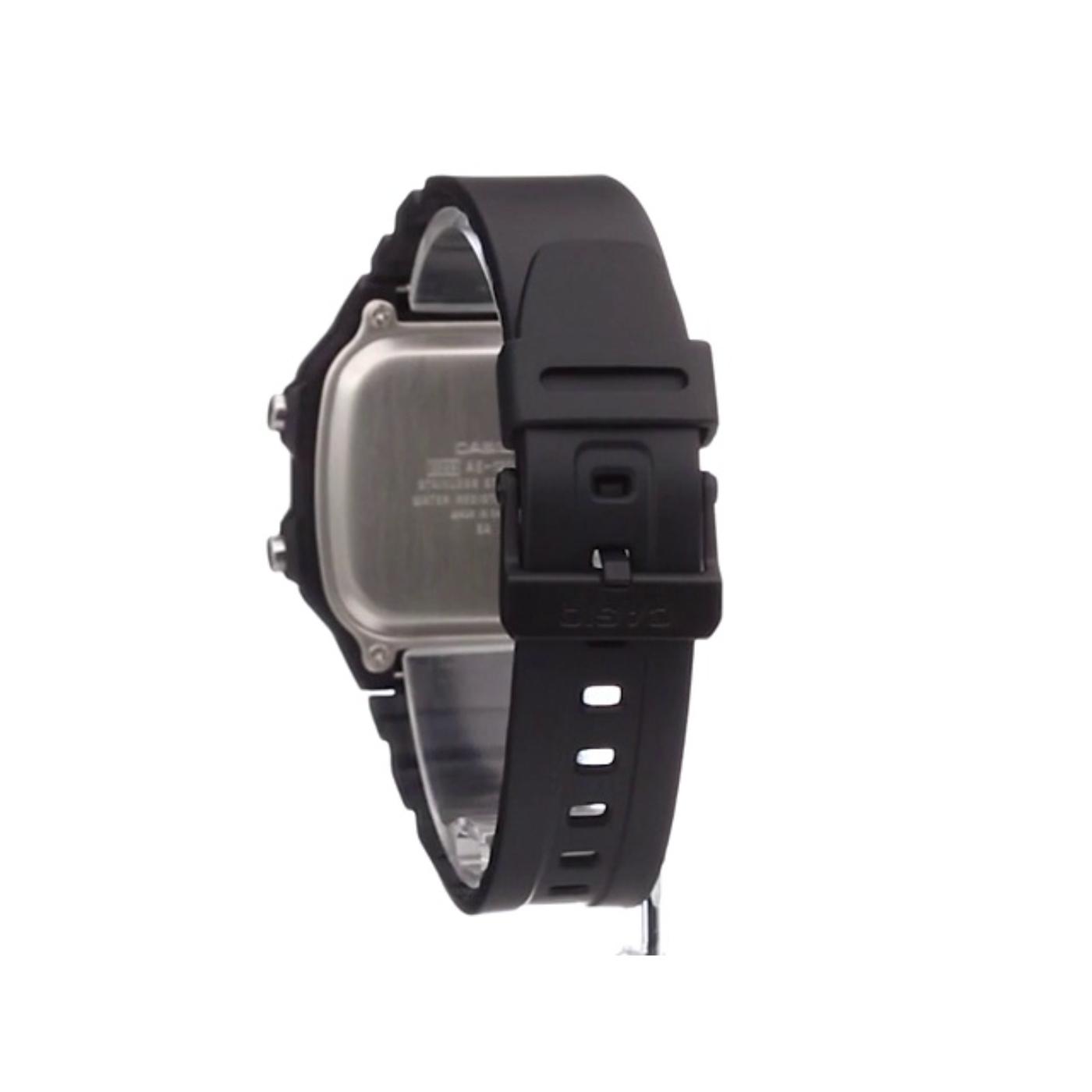 Casio AE-1200WH-1A digital watch shown from rear angle with stainless steel caseback and black resin strap with adjustable buckle