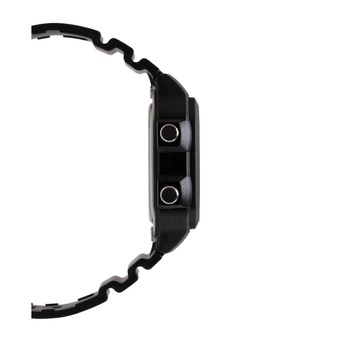 Casio AE-1200WH-1A digital watch side profile with black resin case showing push buttons and durable construction